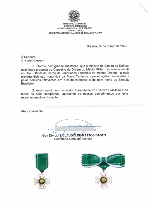 Imagem Ofício Medalha Mérito Militar Cristine Hoepers