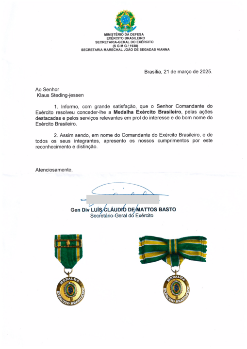 Imagem Ofício Medalha Exército Brasileiro Klaus Steding-Jessen